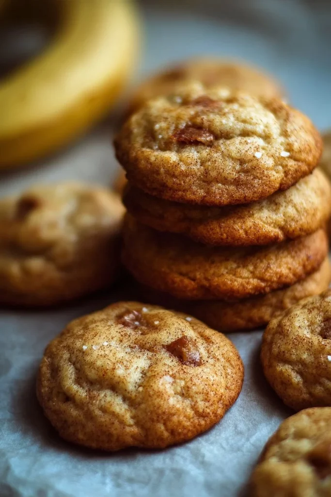 Plate of fresh banana bread cookies on a wooden table