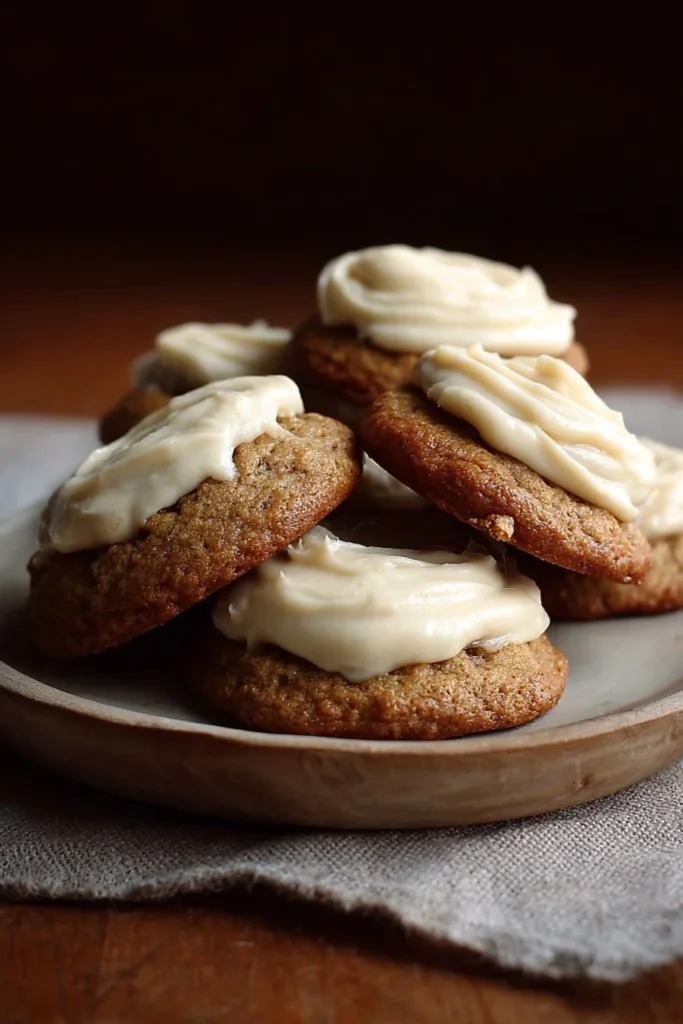 Delicious Banana Bread Cookies topped with Cream Cheese Frosting on a plate