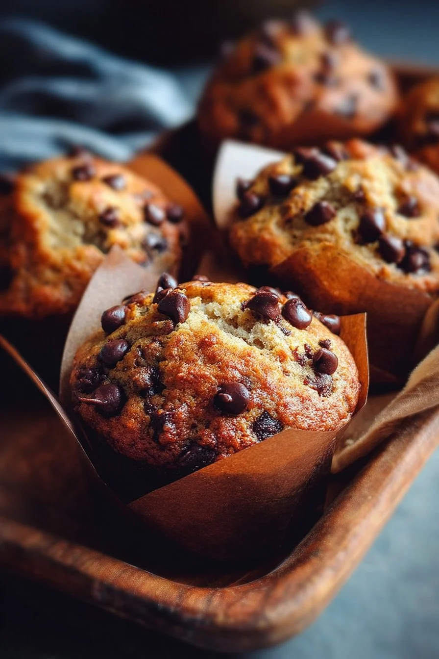 Delicious banana chocolate chip muffins on a rustic table