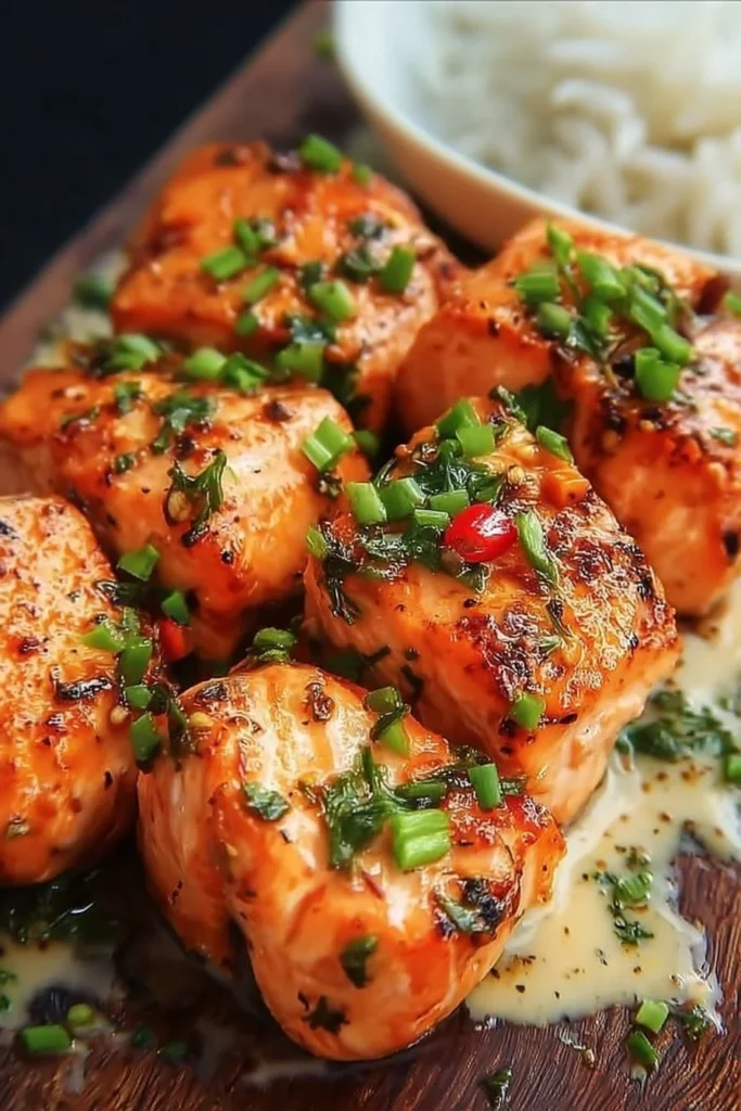 Bang Bang Salmon dish with a spicy sauce garnished with green onions