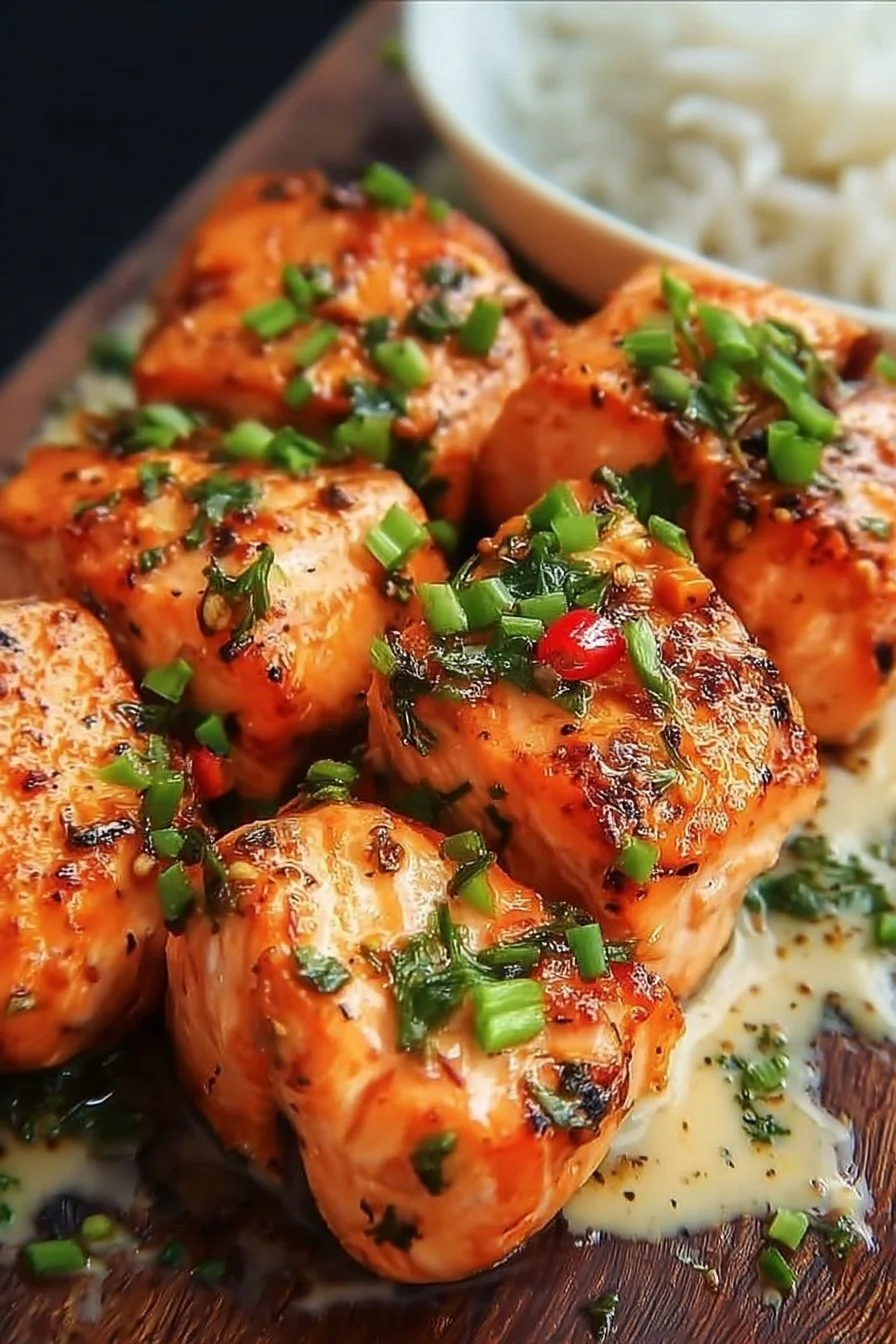 Bang Bang Salmon 2 Bang Bang Salmon dish with a spicy sauce garnished with green onions