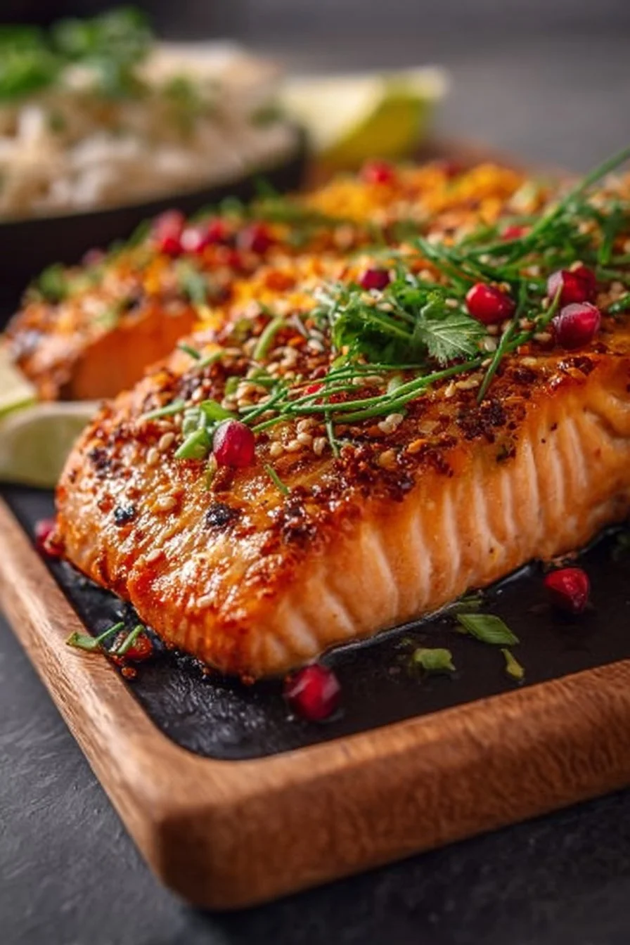 Bang Bang Salmon dish showcasing the juicy salmon fillet with vibrant sauces