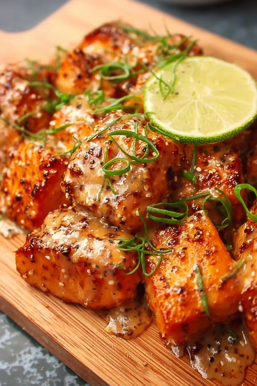 Plate of Bang Bang Salmon with a spicy sauce and garnishes