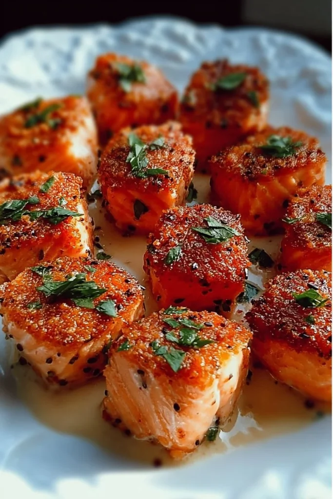 Bang Bang Salmon Bites served on a plate with dipping sauce