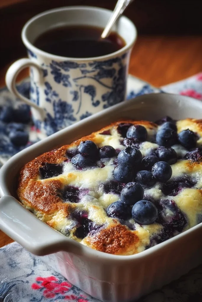 Blueberry cottage cheese breakfast bake in a white dish with fresh blueberries on top.