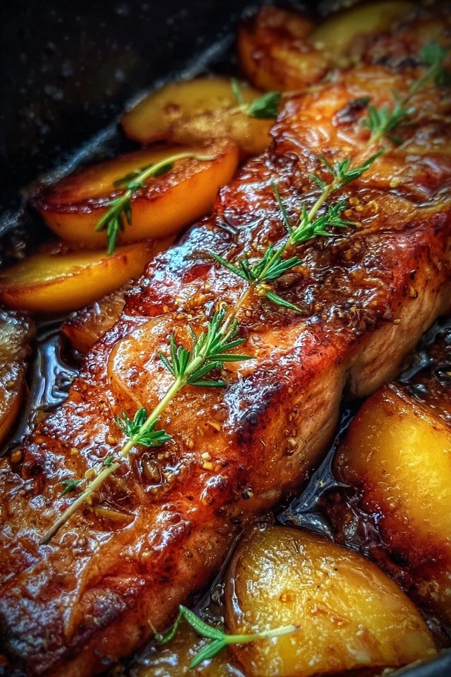 Bourbon Peach Roasted Salmon 2 Delicious Bourbon Peach Roasted Salmon served with fresh peaches.