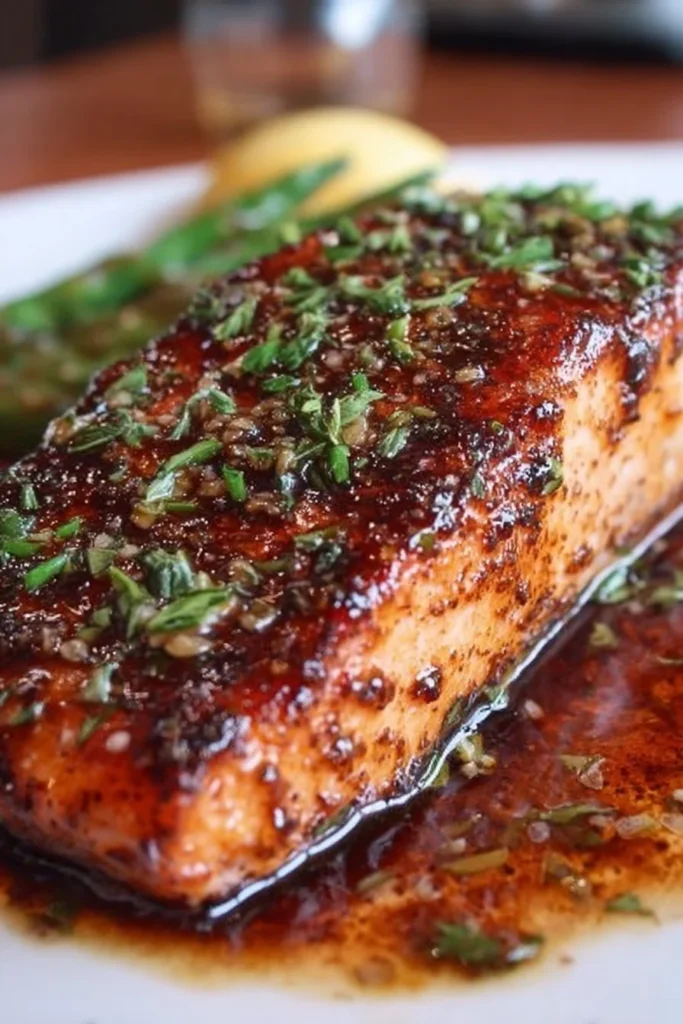 Delicious brown sugar garlic glazed salmon dish served on a plate.