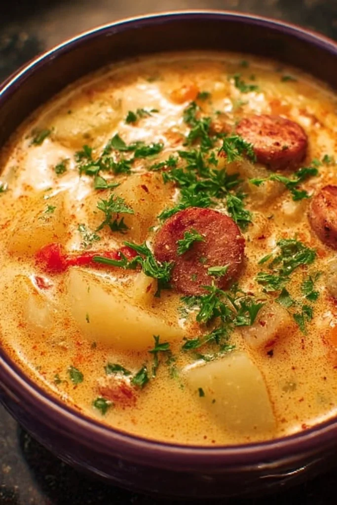 Bowl of creamy Cajun Potato Soup garnished with green onions