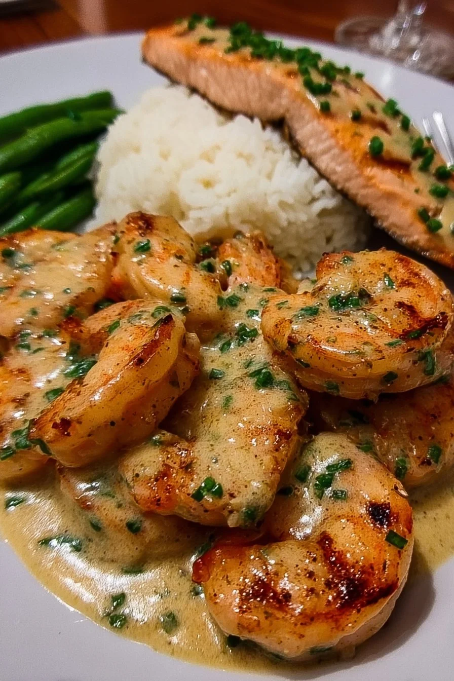 Delicious Cajun shrimp and salmon with garlic cream sauce on a plate