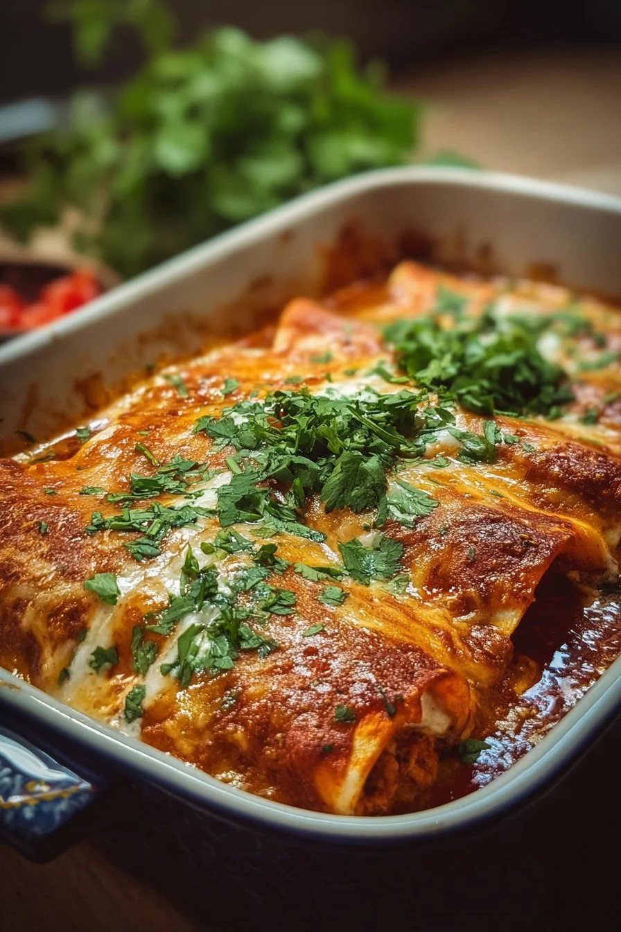 Cheesy Chicken Enchiladas 2 Delicious cheesy chicken enchiladas served on a plate