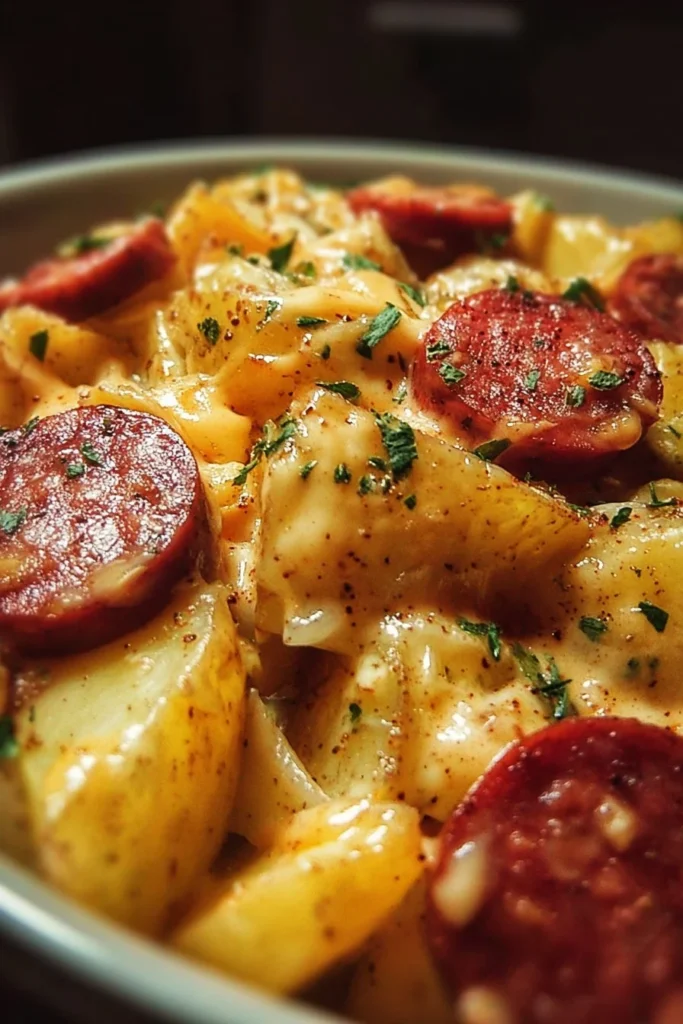 Cheesy ranch potatoes with smoked sausage served in a bowl