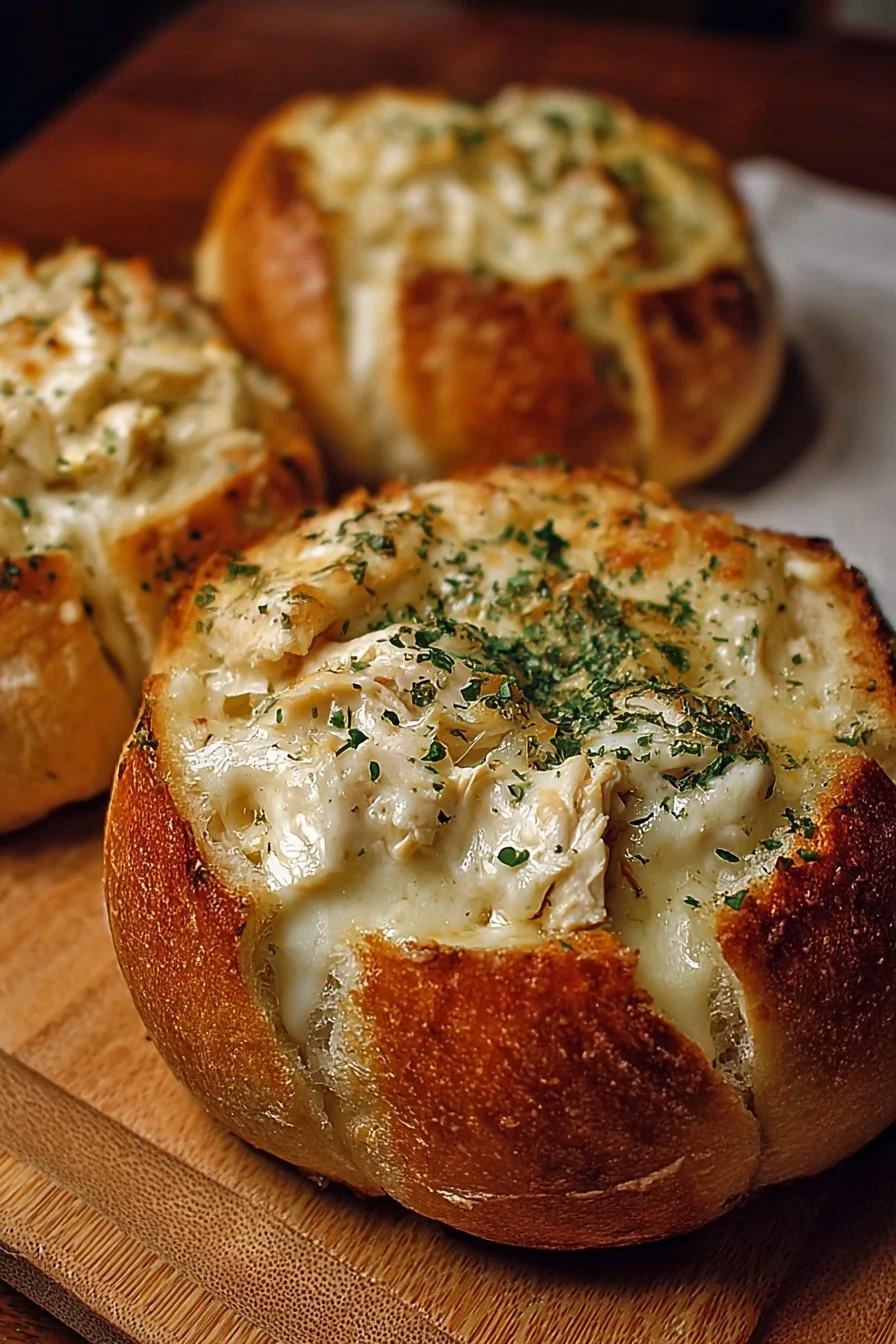 Chicken Alfredo Garlic Bread Bowls 2 Chicken Alfredo in garlic bread bowls, a creamy and flavorful dish