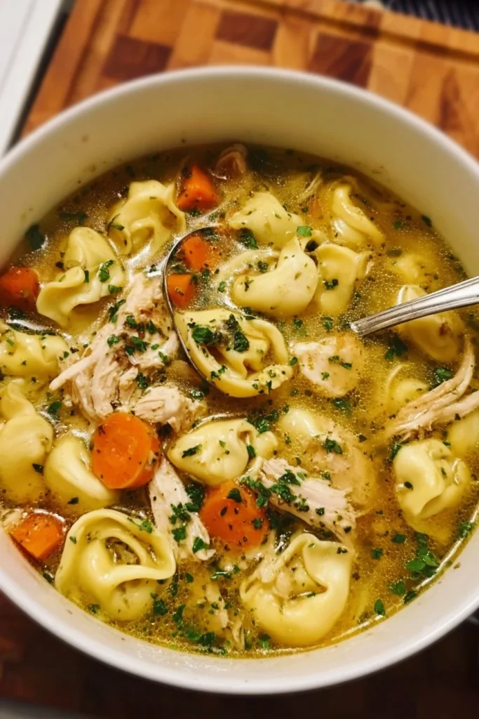 A bowl of hearty Chicken Tortellini Soup topped with herbs