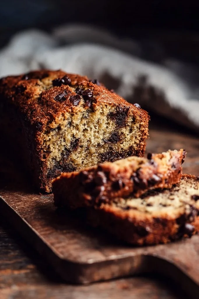 Delicious chocolate chip banana bread sliced on a wooden cutting board