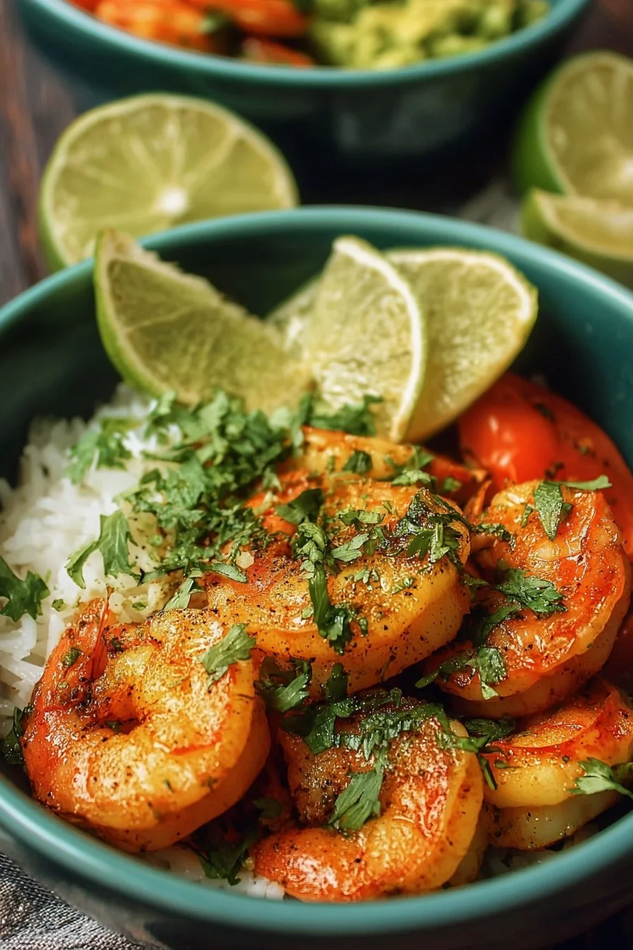 Cilantro lime shrimp bowls with vibrant vegetables and rice in a bowl