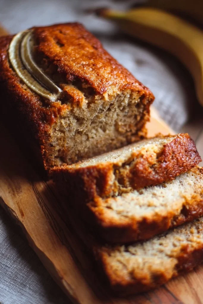 Loaf of classic banana bread on a wooden cutting board