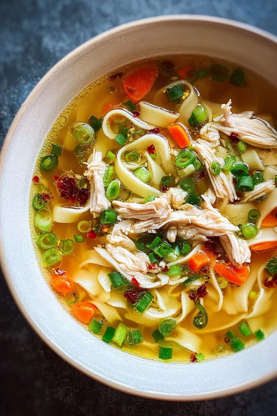 Bowl of Classic Ginger Garlic Chicken Noodle Soup with herbs and spices