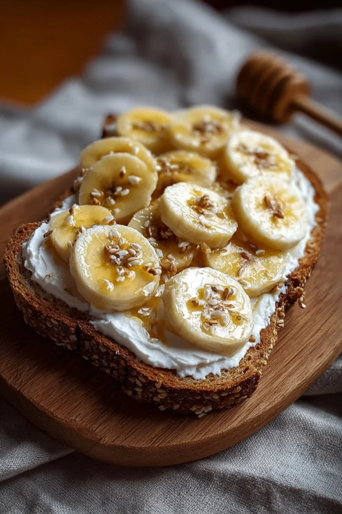 Cottage Cheese Banana Toast topped with sliced bananas and honey on whole grain bread