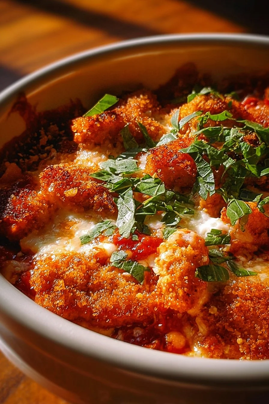 Cottage Cheese Chicken Parmesan Bowl 2 Cottage Cheese Chicken Parmesan Bowl topped with cheese and herbs