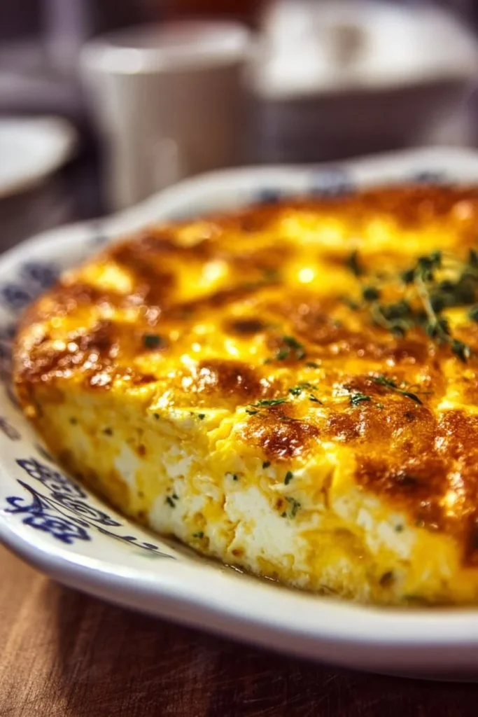 Delicious cottage cheese egg bake served in a dish garnished with herbs.