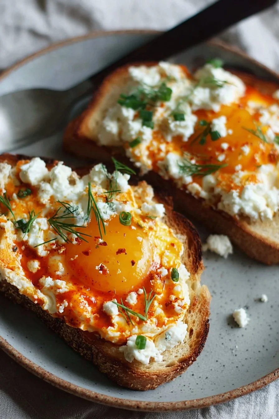 Cottage cheese toast topped with eggs and sriracha sauce
