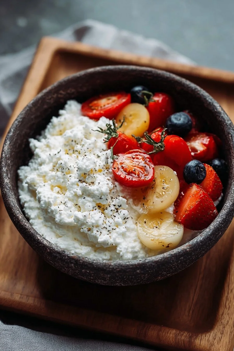 Healthy Cottage Cheese Protein Bowl with fruits and nuts