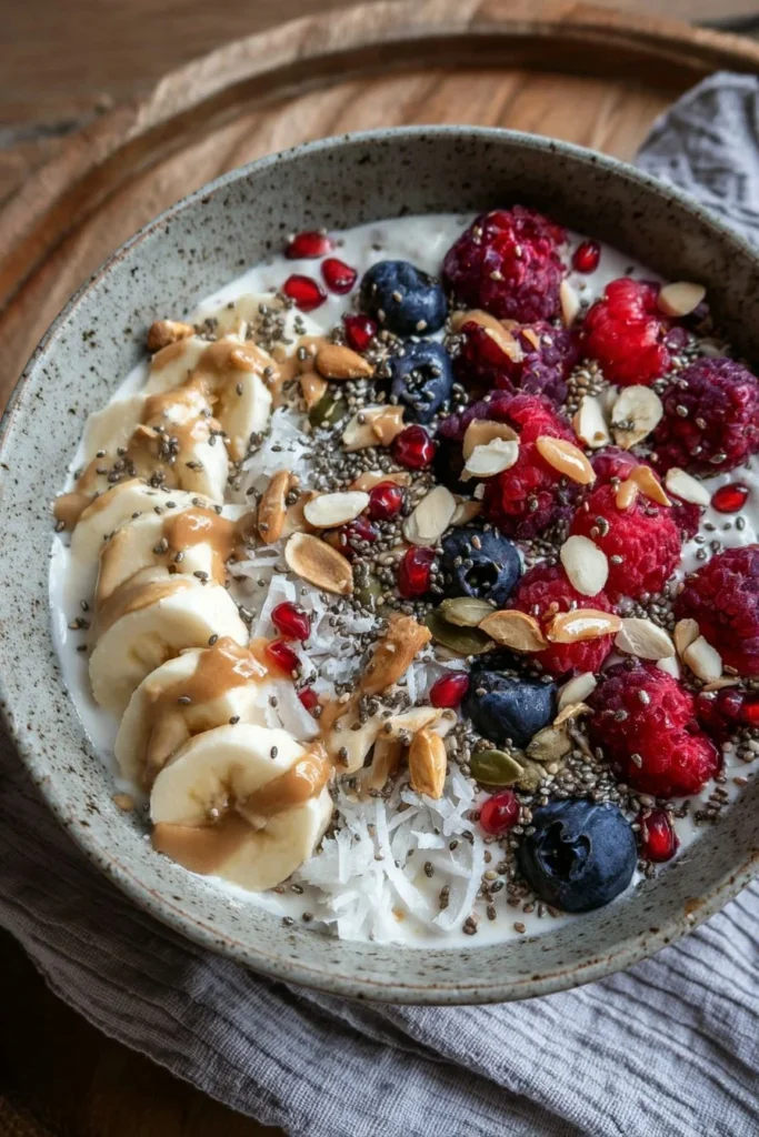 Cottage Cheese Protein Power Bowl topped with fresh vegetables and seeds