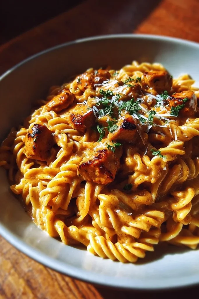 Delicious Cowboy Butter Chicken Pasta served in a bowl with herbs and spices