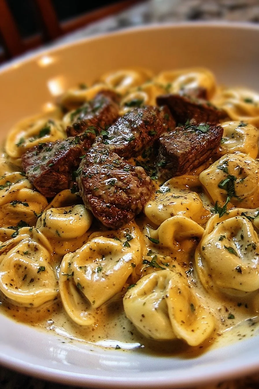 Delicious Garlic Steak Tortellini in creamy sauce with cracked garlic