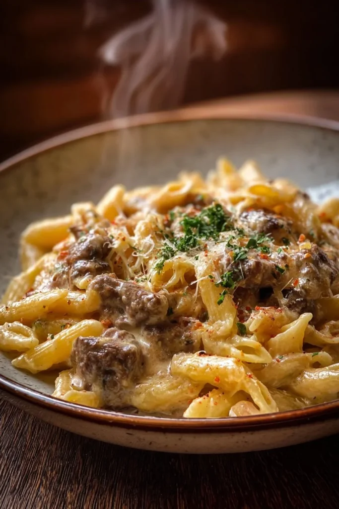 Delicious creamy beef pasta dish garnished with parsley in a bowl.