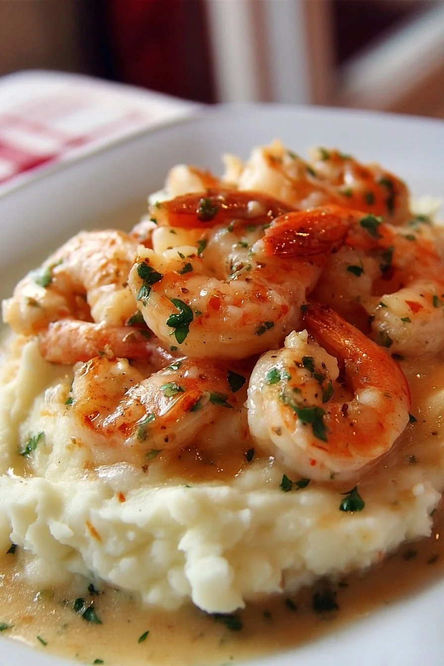 Creamy garlic shrimp served on mashed potatoes, a delicious dinner dish.