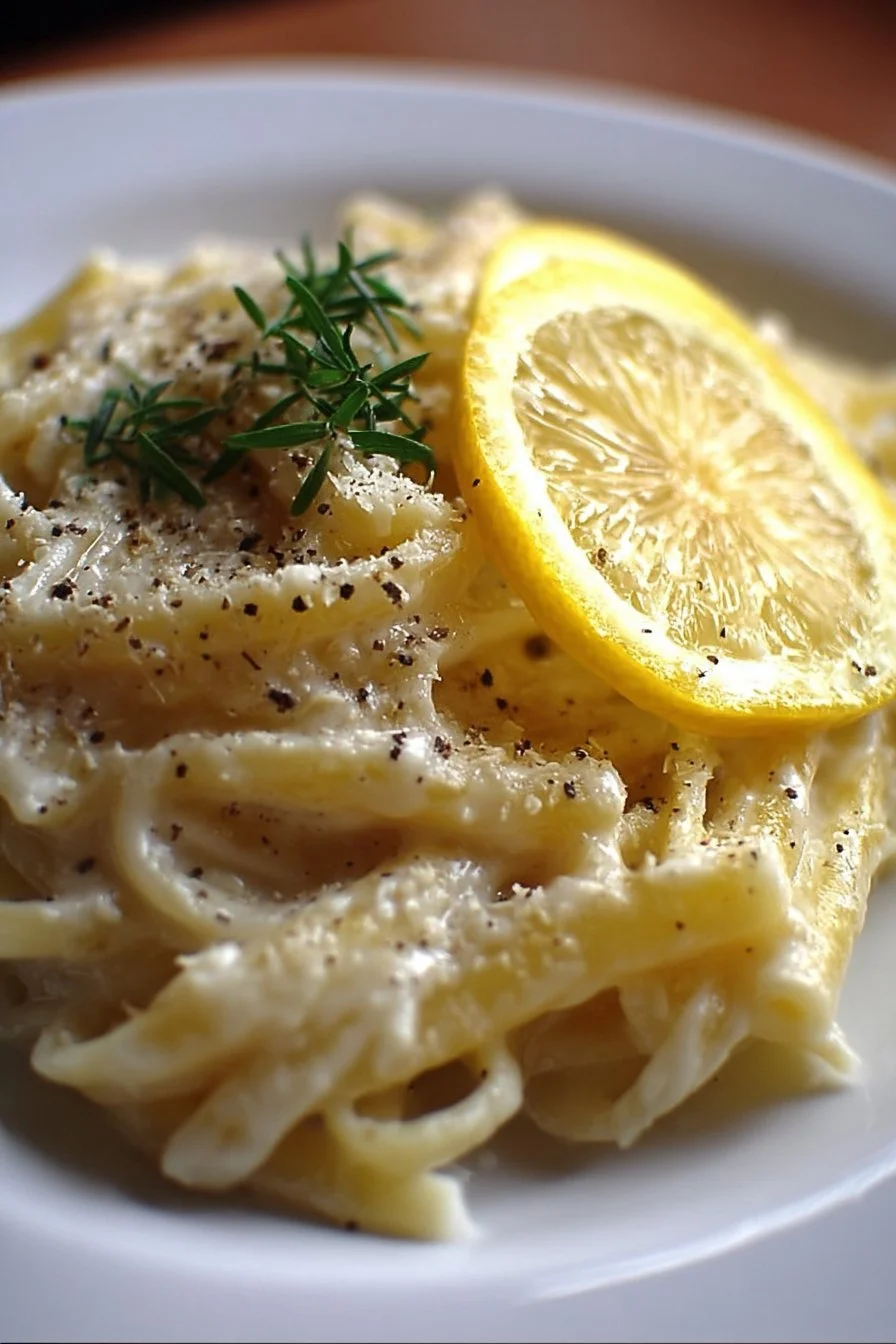 Bowl of creamy lemon pasta garnished with herbs and lemon slices