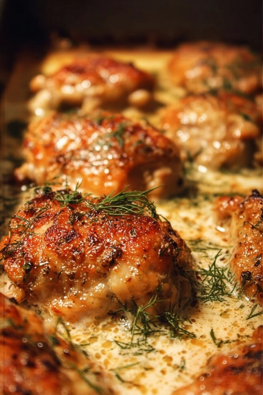 Creamy oven baked chicken thighs served with herbs and vegetables