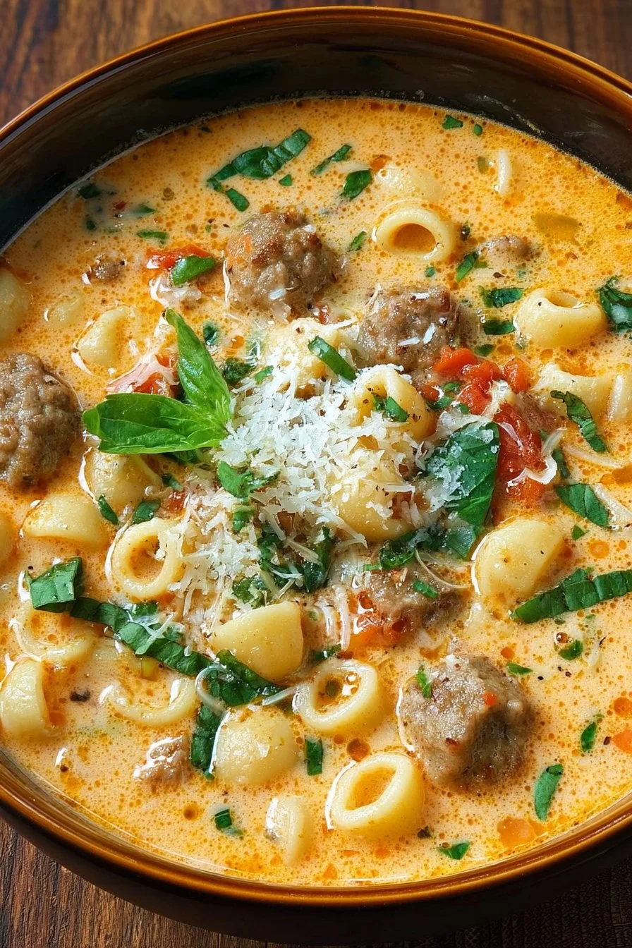 Creamy Parmesan Italian sausage ditalini soup in a bowl