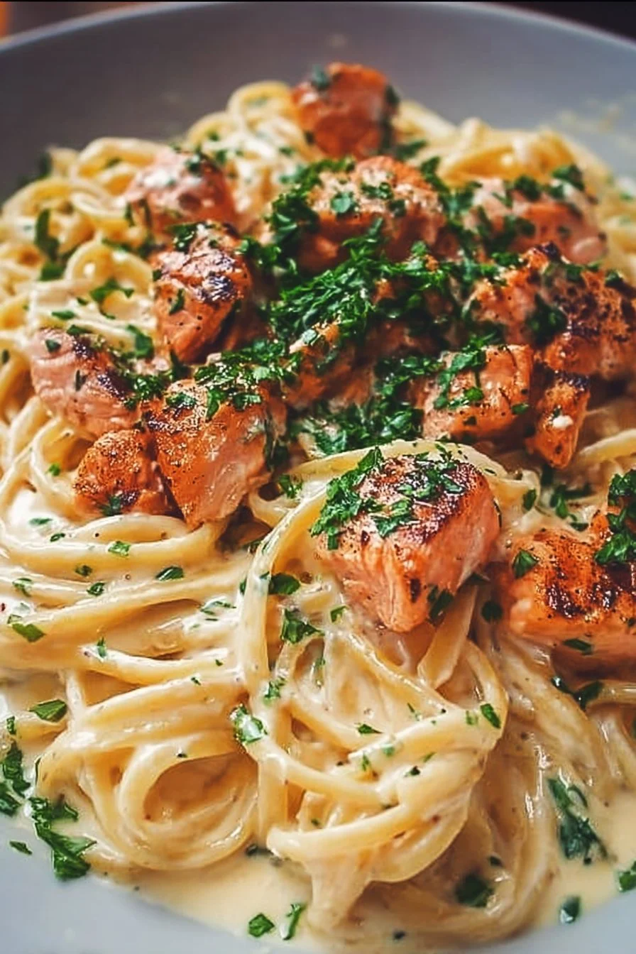 Creamy Salmon Pasta 2 Creamy salmon pasta dish with fresh ingredients and a rich sauce