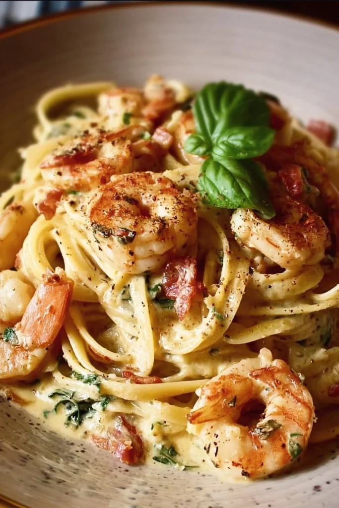 Creamy Tuscan shrimp linguine served with fresh herbs and Parmesan cheese