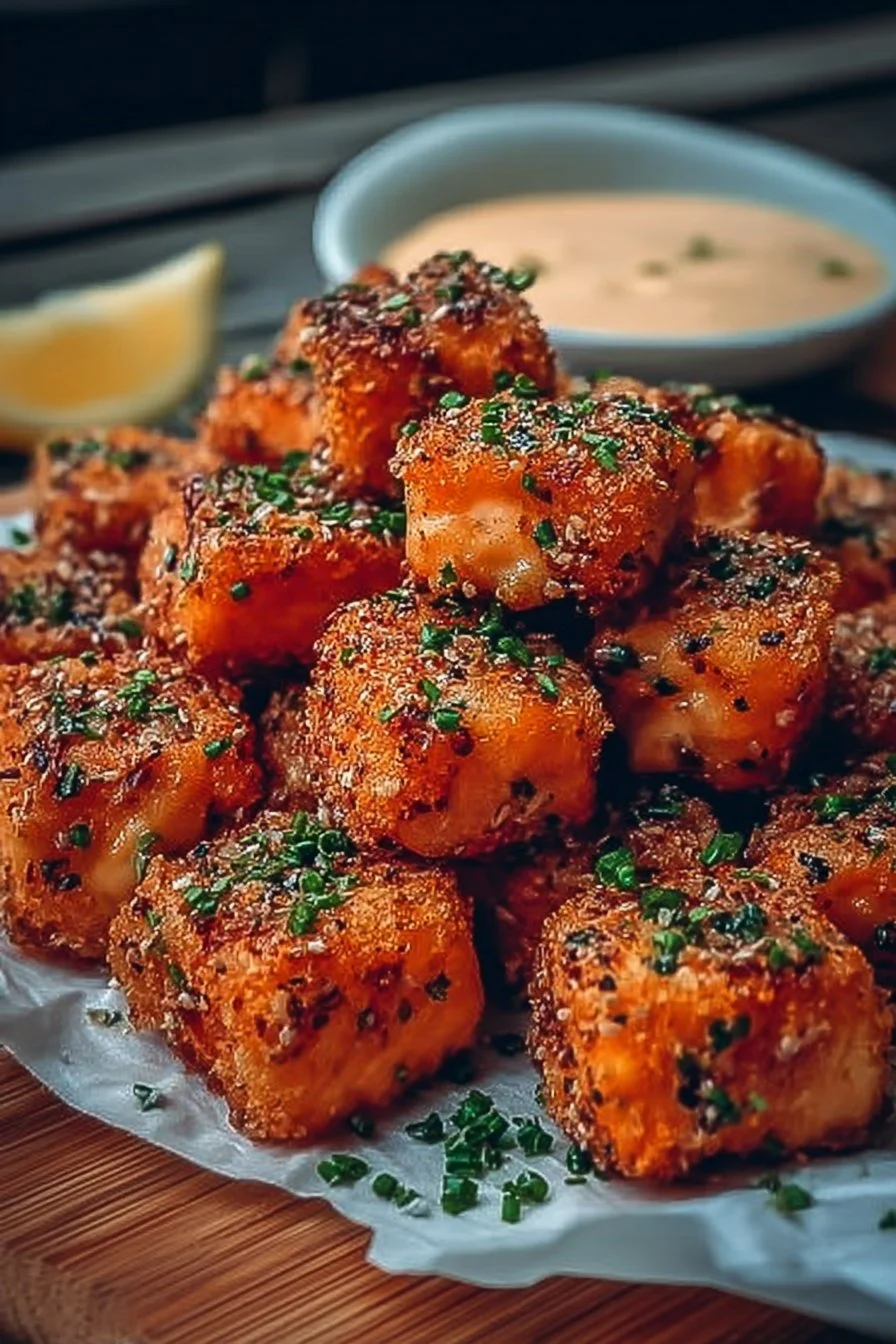 Crispy Bang Bang Salmon Bites 2 Crispy Bang Bang Salmon Bites on a plate garnished with herbs