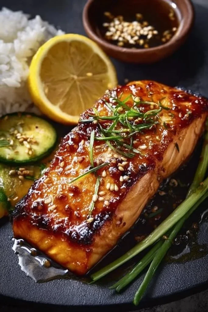 Crispy honey garlic glazed salmon served with vegetables and rice.