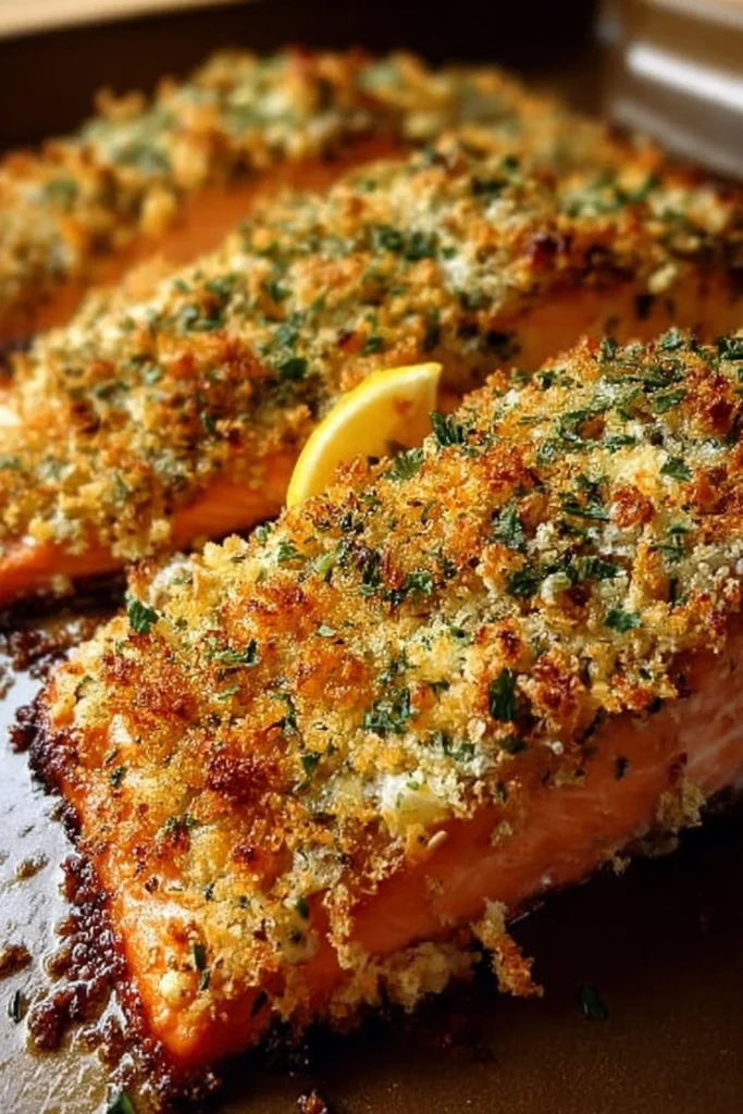 Crispy Parmesan Salmon baked to perfection, topped with golden parmesan crust.