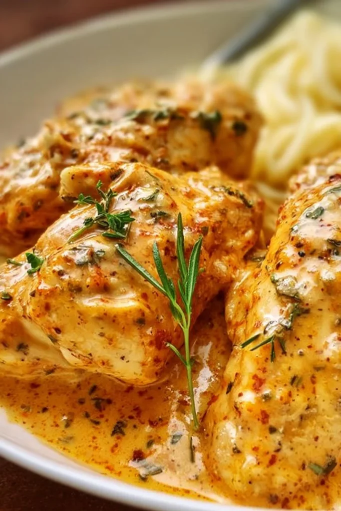 Crock Pot Angel Chicken served in a bowl with creamy sauce and herbs