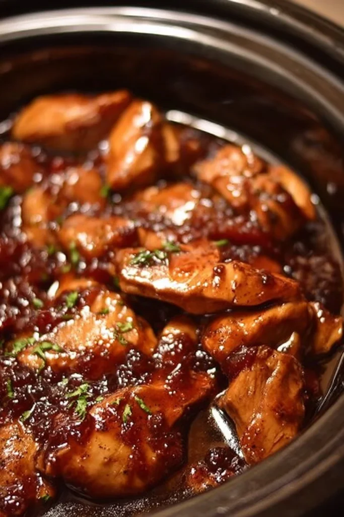 Delicious Crock Pot Bourbon Chicken served with rice and vegetables.