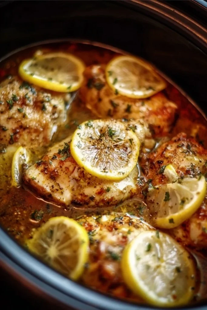 Crock Pot Lemon Garlic Butter Chicken garnished with parsley and lemon slices