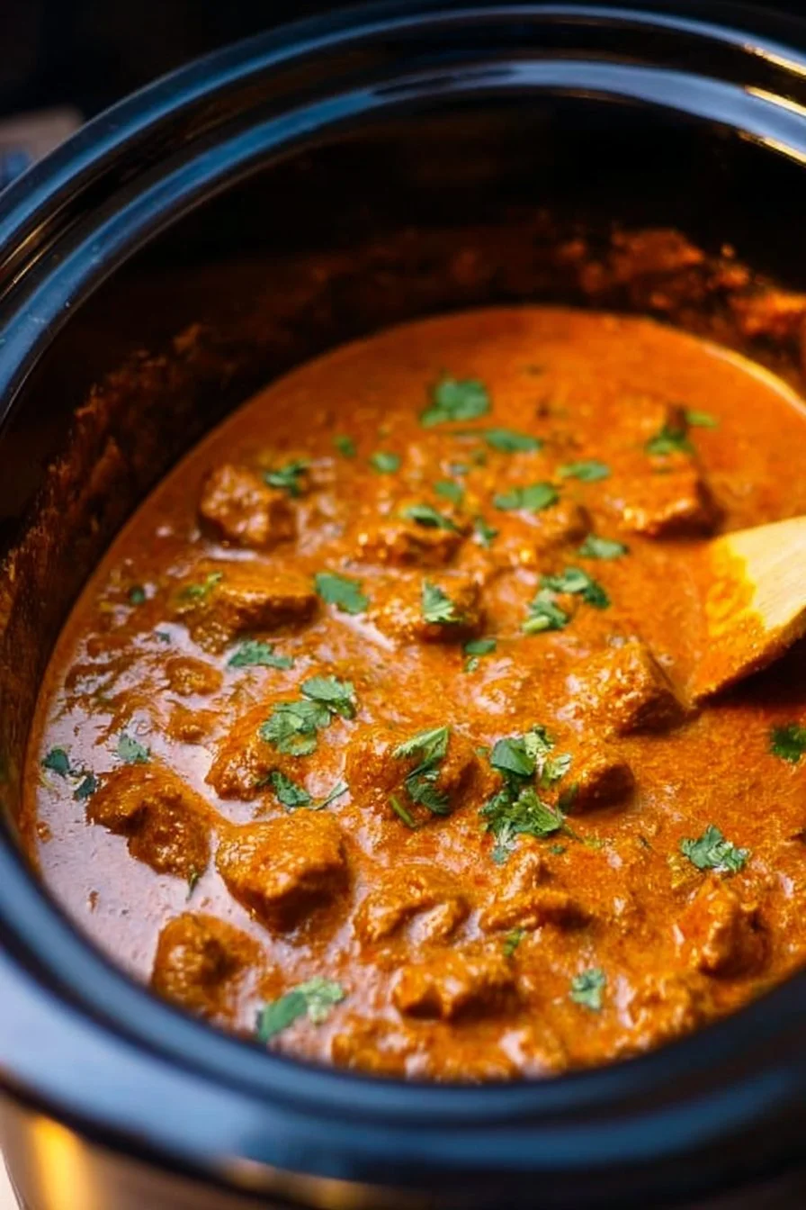 Crockpot Butter Chicken 2 Crockpot butter chicken served with rice and garnished with herbs