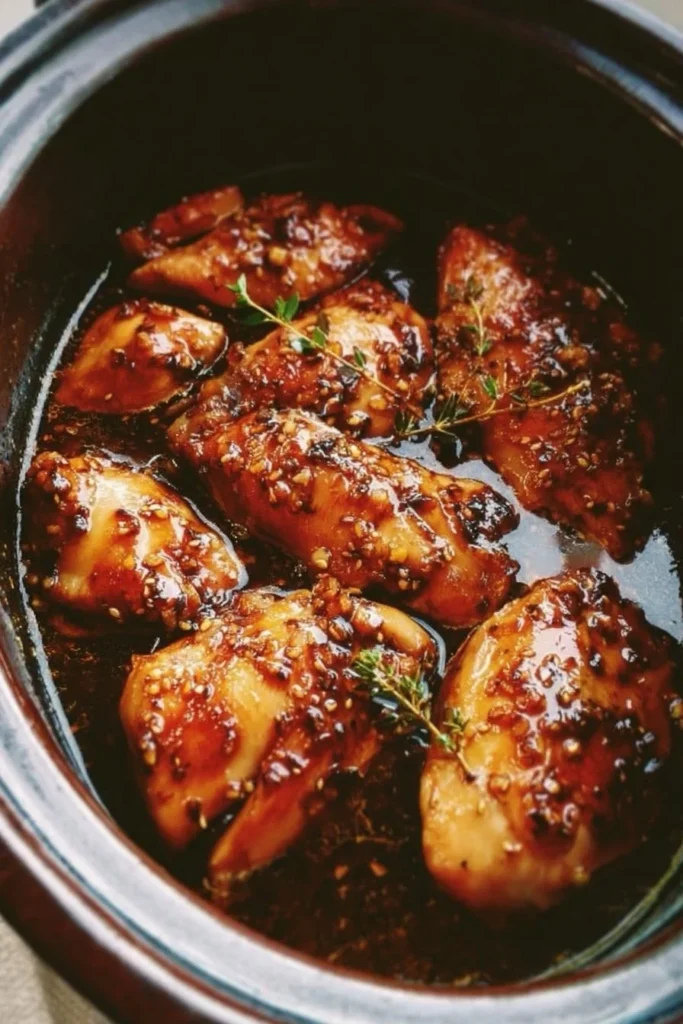Delicious Crockpot Honey Garlic Chicken served on a plate with vegetables.