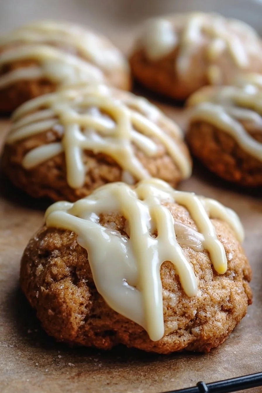 Crumbl banana bread cookies drizzled with cream cheese glaze on a wooden table