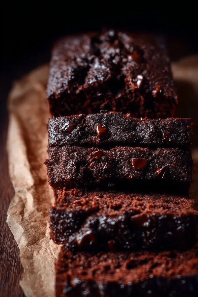 A slice of double chocolate banana bread with chocolate chips on top.