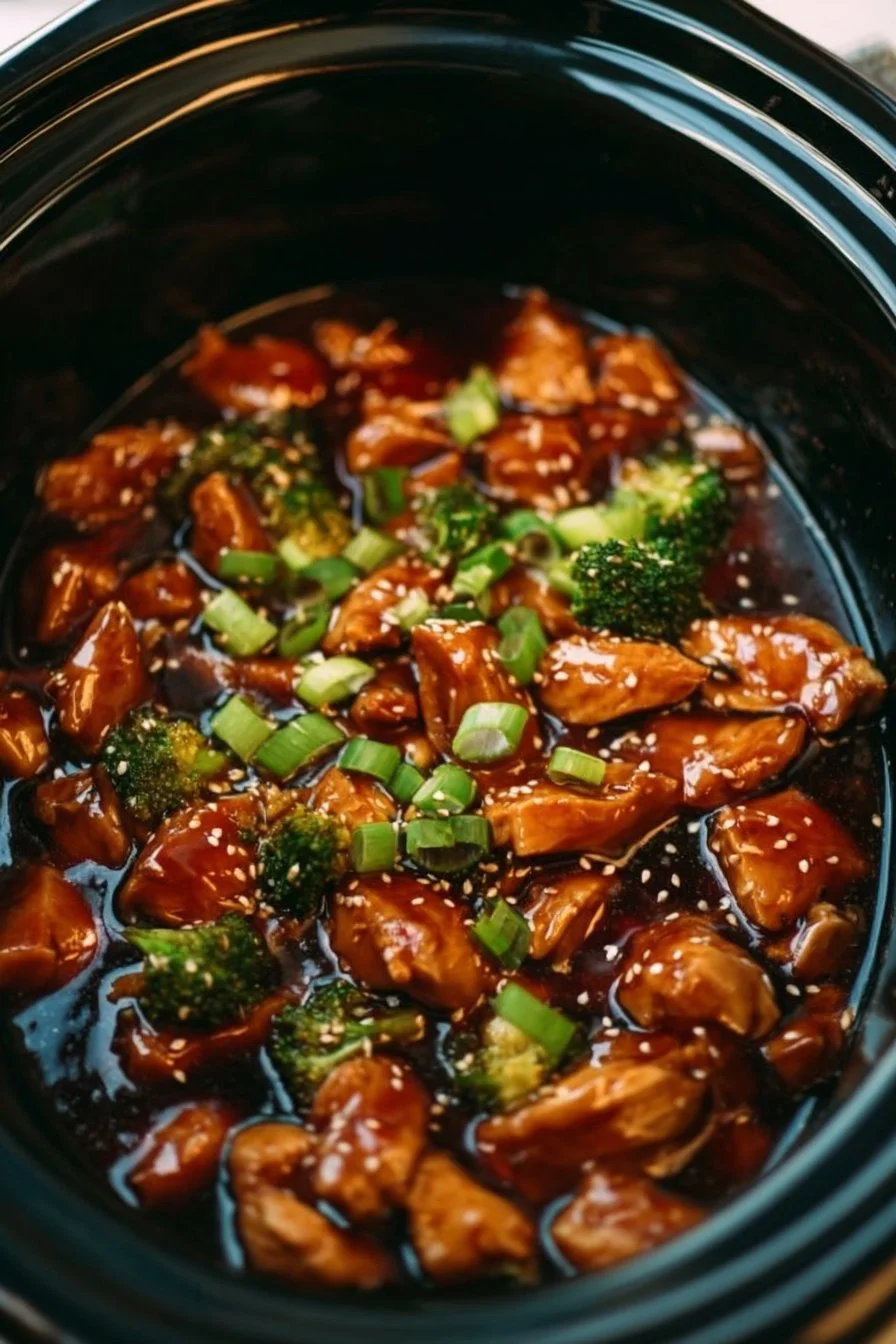 Delicious dump and go crockpot teriyaki chicken dish served with rice and garnishes.