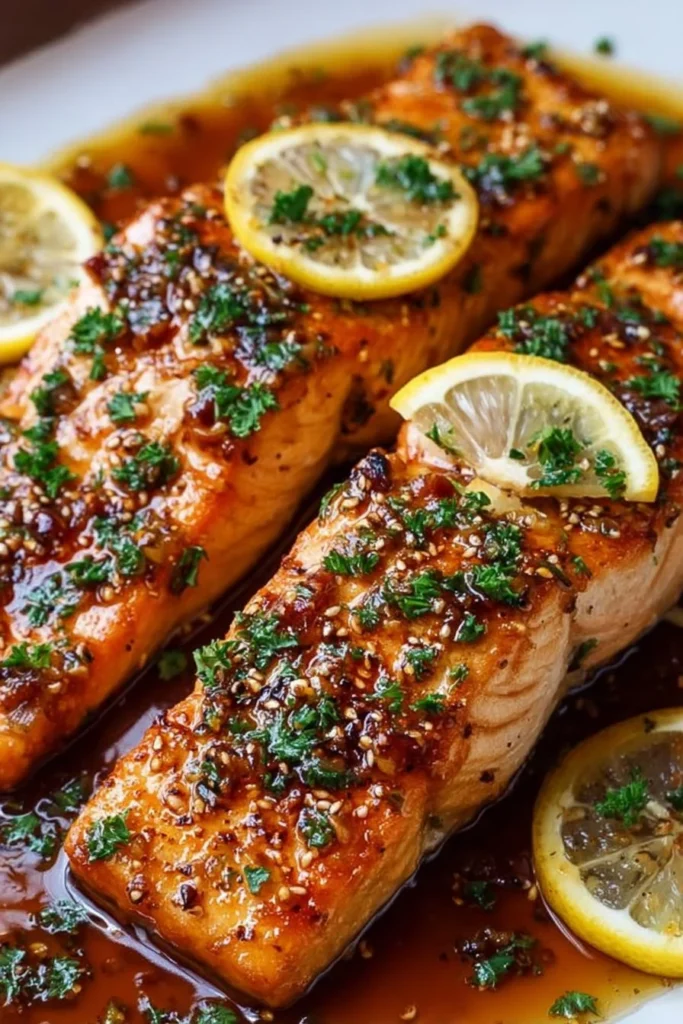 Baked honey garlic salmon garnished with herbs on a white plate.
