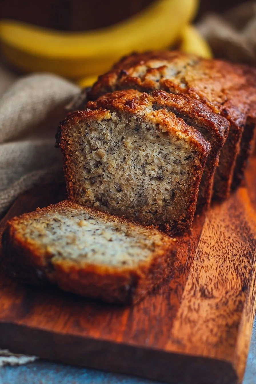 Easy Banana Bread 2 Loaf of easy banana bread freshly baked on a wooden table