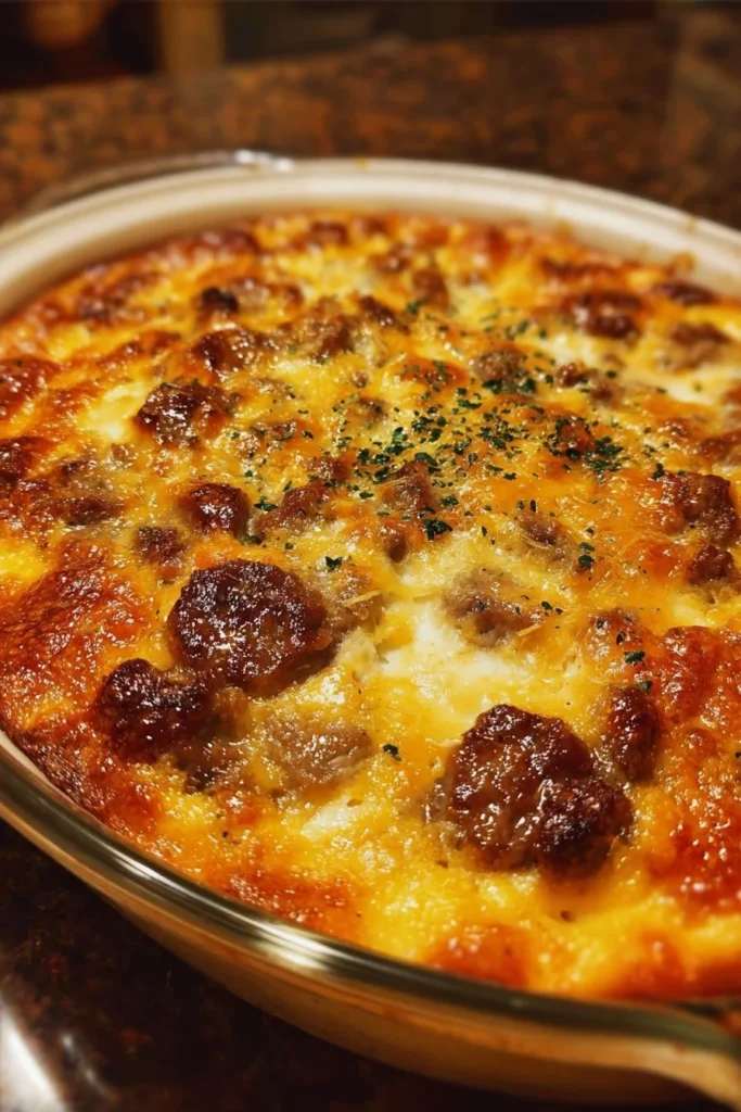 Easy beef sausage cheese casserole baked in a dish with melted cheese topping.